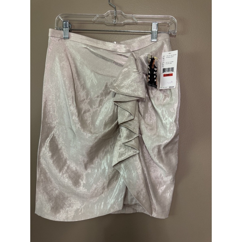 Karen Kane 4L07528 Champagne Metallic Stretch Lurex Side Drape Ruffle Skirt, XS
